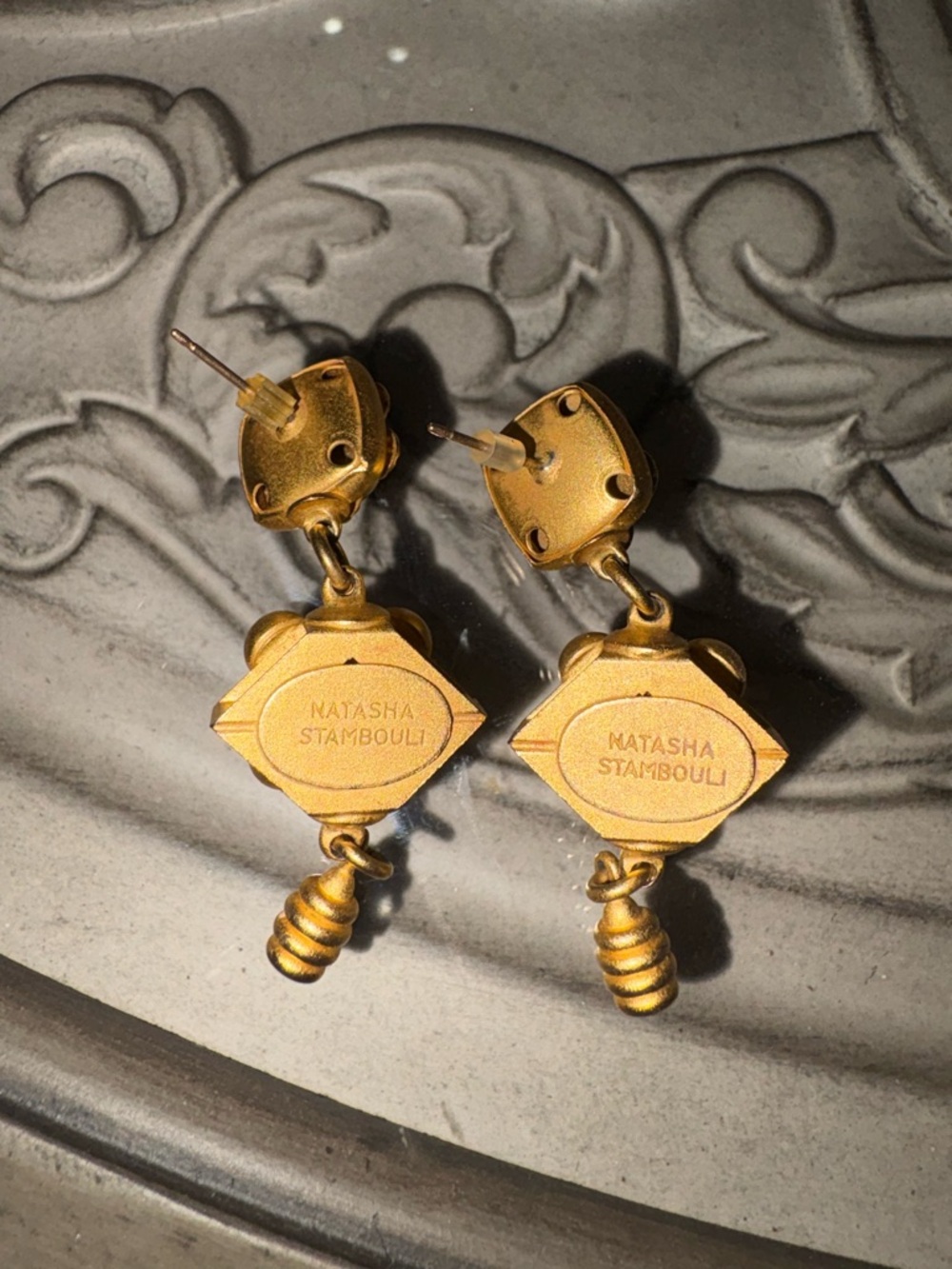 Vintage Natasha Stambouli Gold Tone Dangle Earrings with Stones - Picture 2 of 5